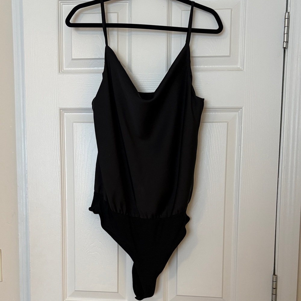 Black V-Neck Satin Bodysuit with Spaghetti Straps